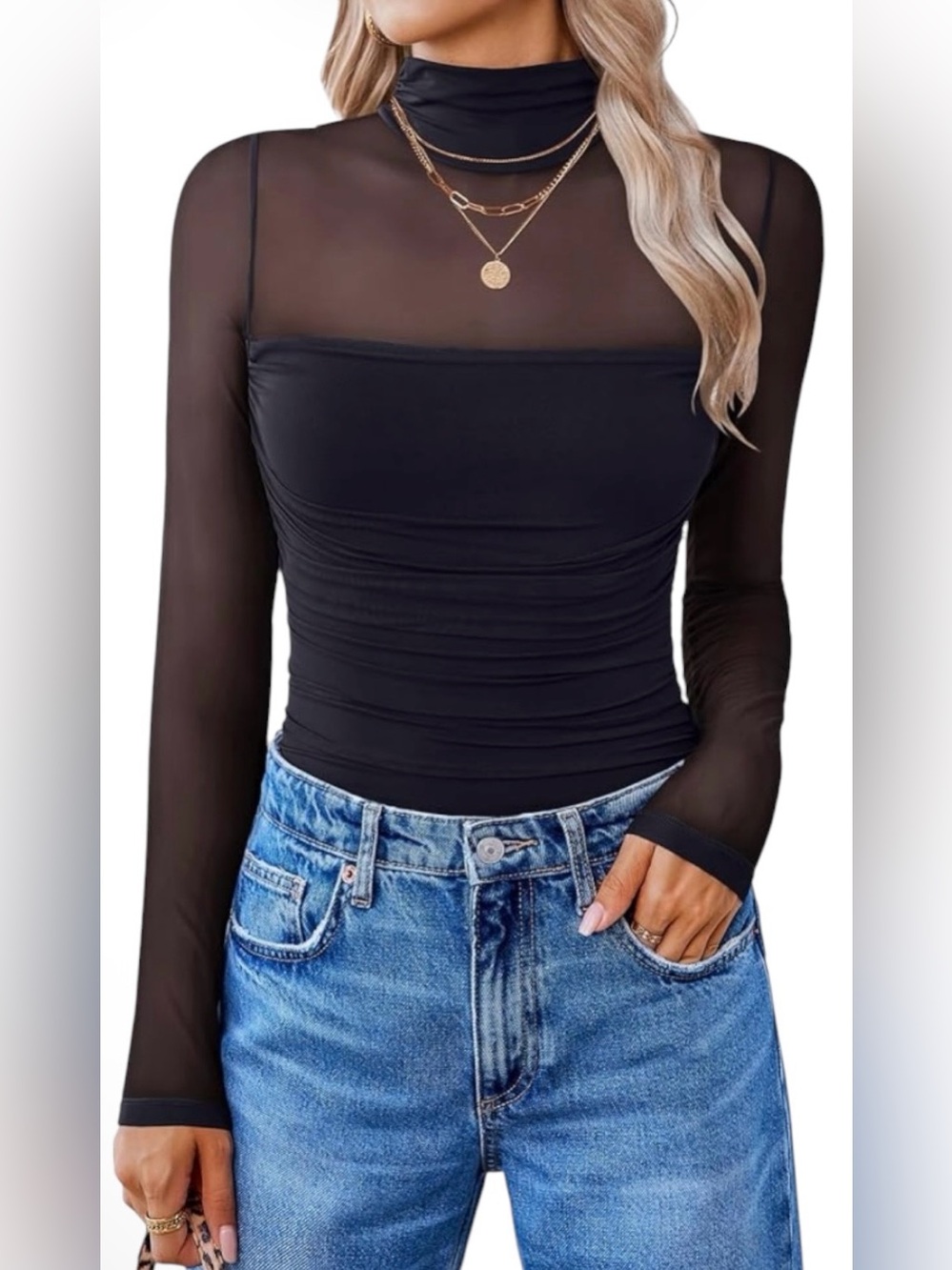 Avidlove black nylon mesh panel mock neck bodysuit size XL